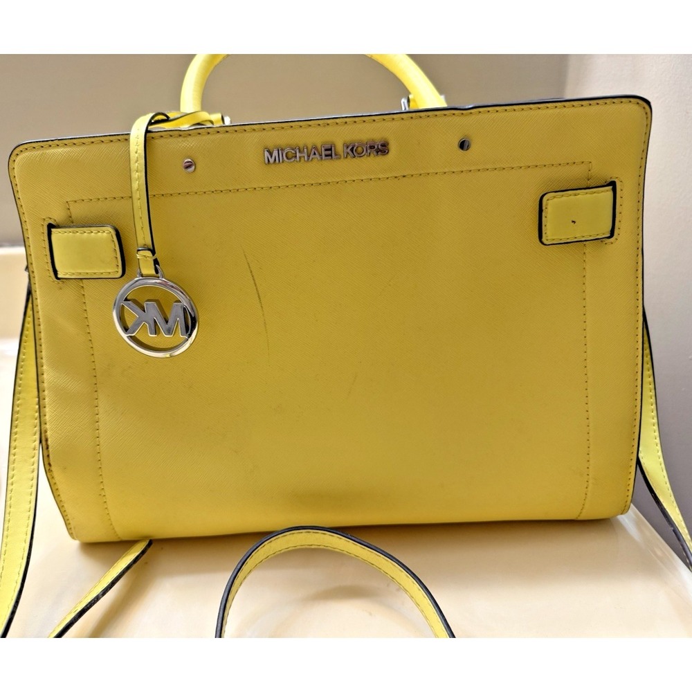 Michael Kors Leather Dillon Satchel Yellow Sunflower Purse Tote Crossbody Charm